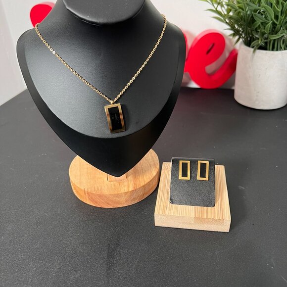 Gold Tone and Black Rectangle Pendant Necklace & Earring Set Stainless Steel - Picture 3 of 3